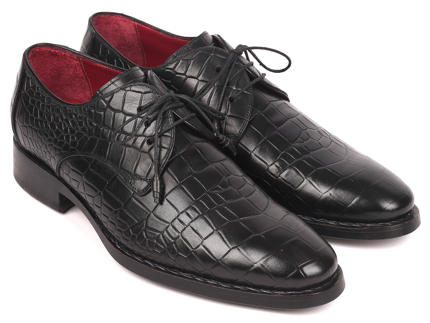 Paul Parkman Black Crocodile Embossed Calfskin Derby shoes showcasing luxurious hand-painted finish and Goodyear welted construction.